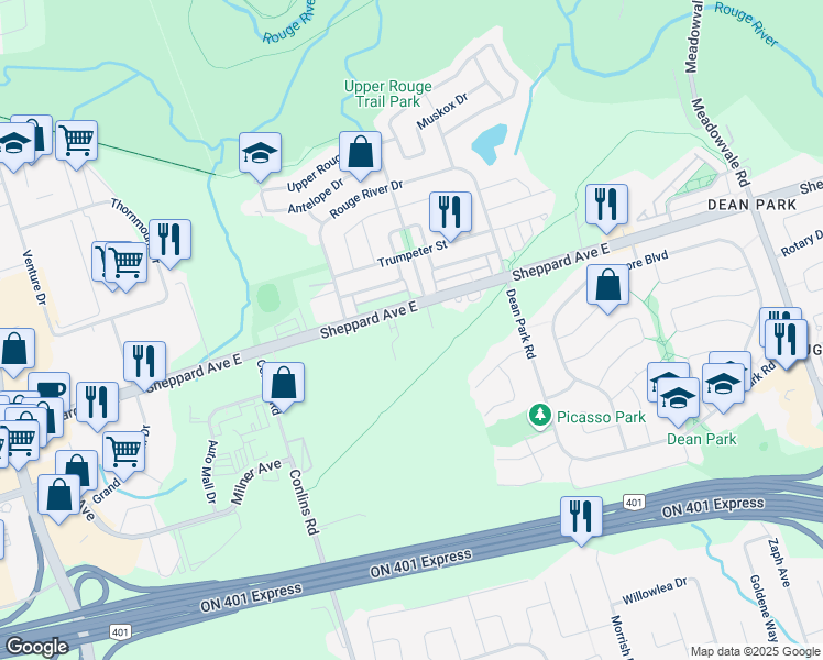 map of restaurants, bars, coffee shops, grocery stores, and more near 510 Kingbird Grove in Toronto