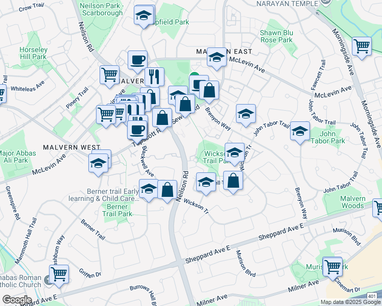 map of restaurants, bars, coffee shops, grocery stores, and more near 5 Silver Bell Grove in Toronto