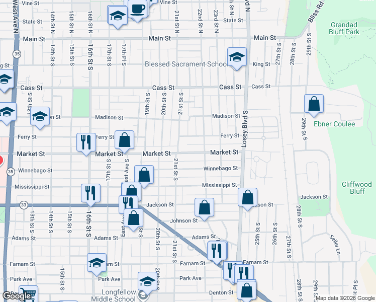 map of restaurants, bars, coffee shops, grocery stores, and more near 2128 Market Street in La Crosse