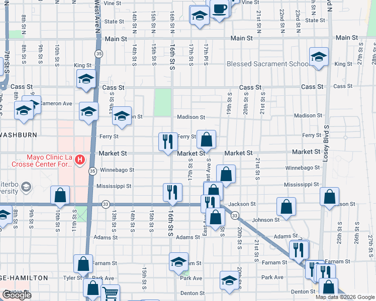 map of restaurants, bars, coffee shops, grocery stores, and more near 1626 Market Street in La Crosse
