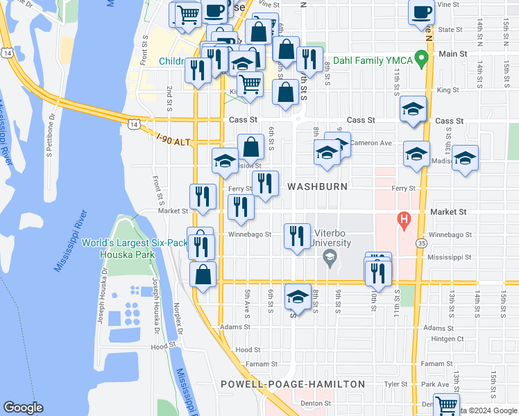 map of restaurants, bars, coffee shops, grocery stores, and more near 510 Market Street in La Crosse
