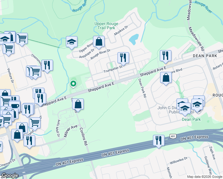 map of restaurants, bars, coffee shops, grocery stores, and more near 500 Kingbird Grove in Toronto