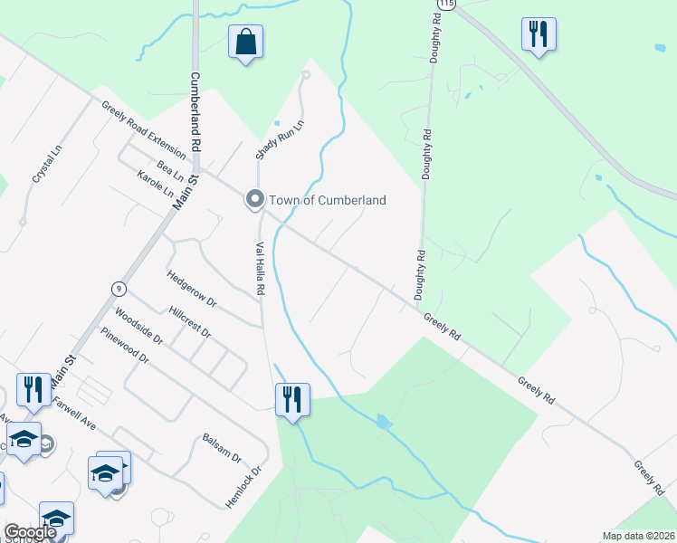 map of restaurants, bars, coffee shops, grocery stores, and more near 292 Greely Road in Cumberland