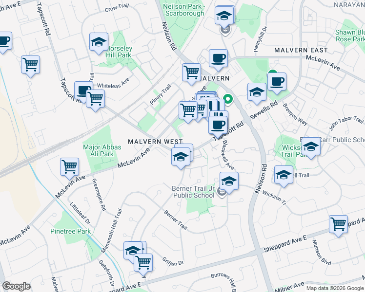 map of restaurants, bars, coffee shops, grocery stores, and more near 10 Liben Way in Toronto