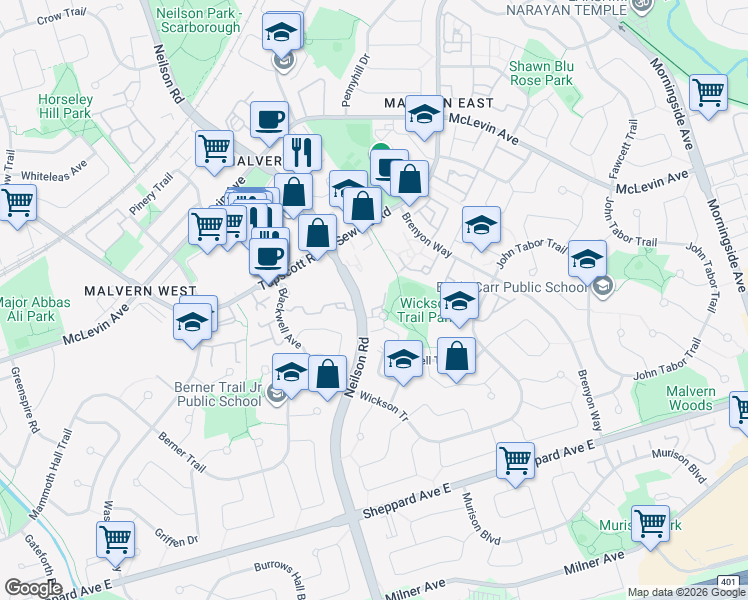 map of restaurants, bars, coffee shops, grocery stores, and more near 8 Silverbell Grove in Toronto