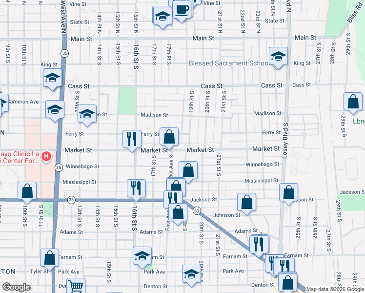map of restaurants, bars, coffee shops, grocery stores, and more near 1817 Market Street in La Crosse