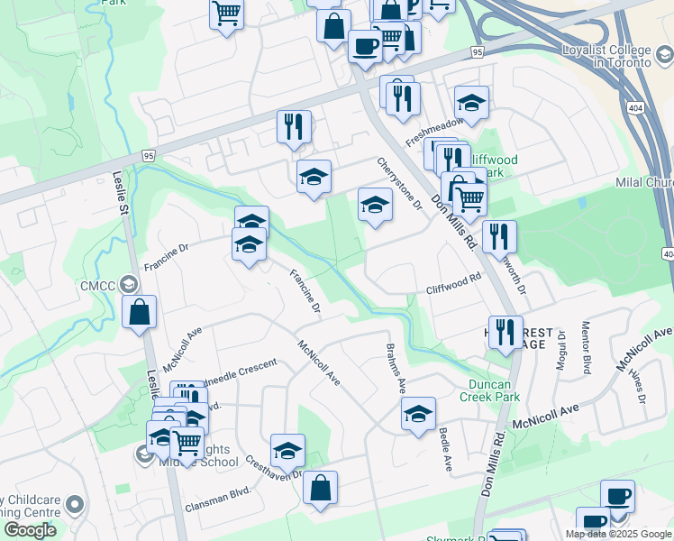 map of restaurants, bars, coffee shops, grocery stores, and more near Duncan Creek Trail in Toronto