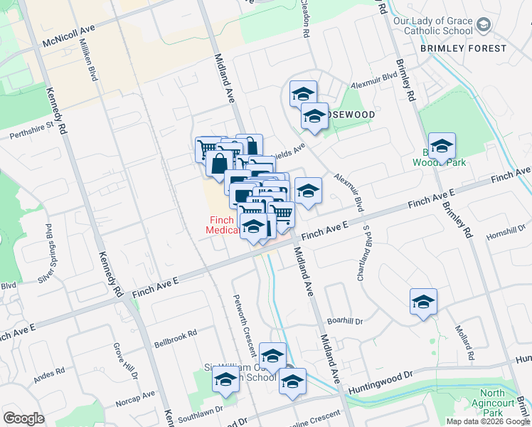 map of restaurants, bars, coffee shops, grocery stores, and more near 3250 Midland Avenue in Toronto