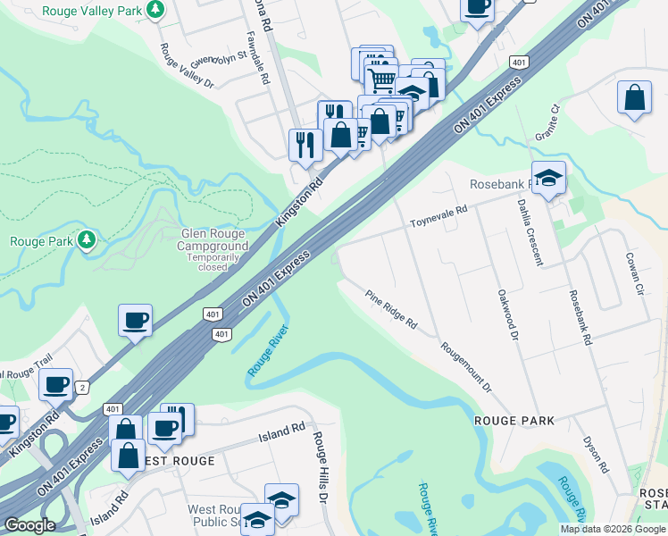 map of restaurants, bars, coffee shops, grocery stores, and more near 562 Winette Road in Pickering