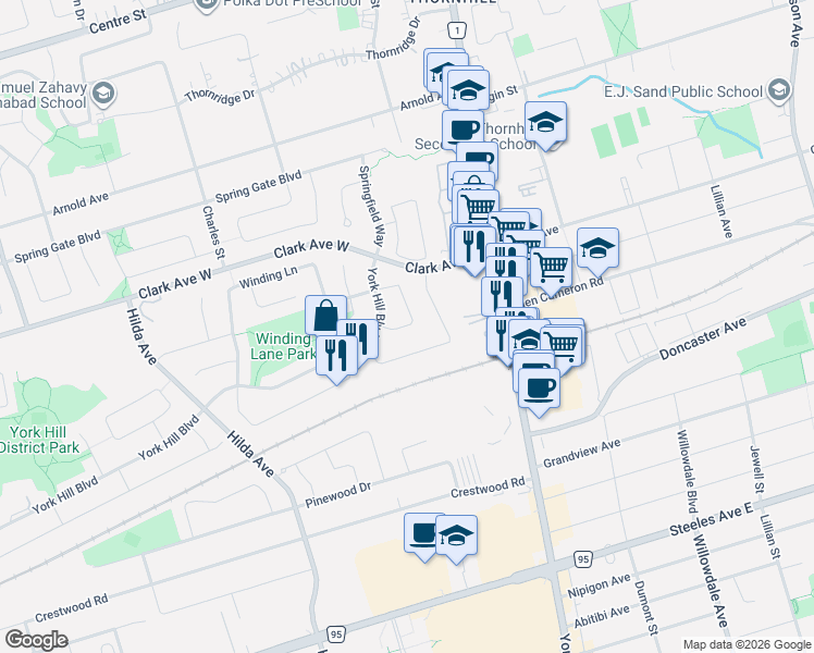 map of restaurants, bars, coffee shops, grocery stores, and more near 64 Colleen Street in Vaughan