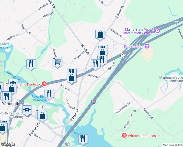 map of restaurants, bars, coffee shops, grocery stores, and more near 114 Spring Street in Yarmouth