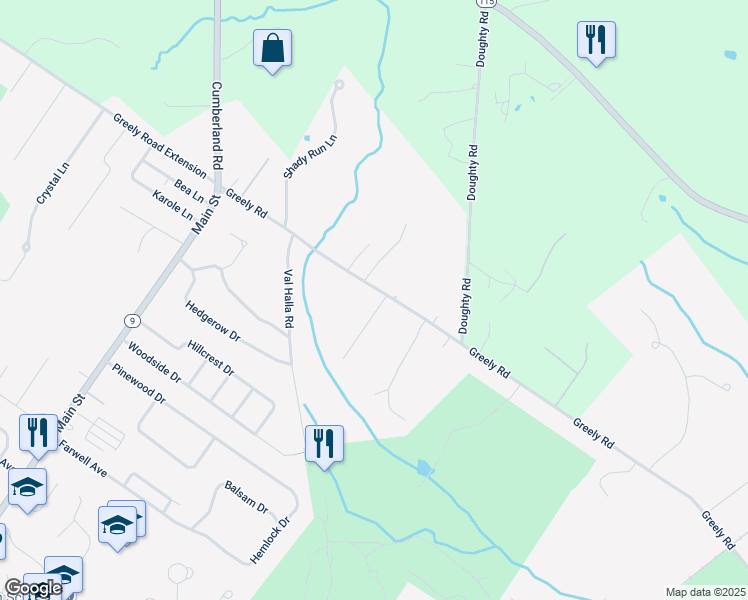map of restaurants, bars, coffee shops, grocery stores, and more near 292 Greely Road in Cumberland