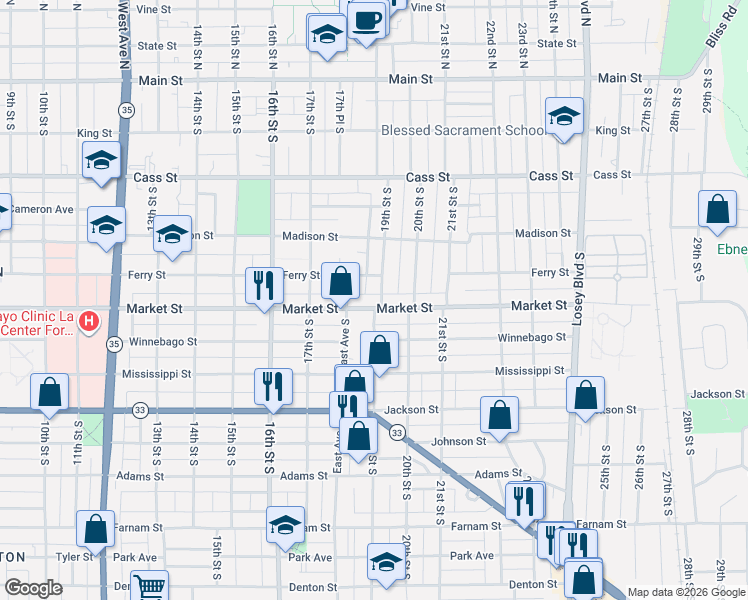 map of restaurants, bars, coffee shops, grocery stores, and more near 1817 Market Street in La Crosse