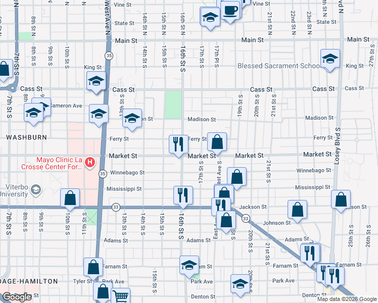 map of restaurants, bars, coffee shops, grocery stores, and more near 1626 Market Street in La Crosse