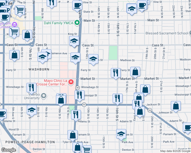 map of restaurants, bars, coffee shops, grocery stores, and more near 702 14th Street South in La Crosse