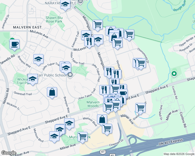 map of restaurants, bars, coffee shops, grocery stores, and more near in Toronto