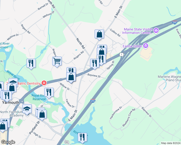 map of restaurants, bars, coffee shops, grocery stores, and more near 40 Bayview Street in Yarmouth