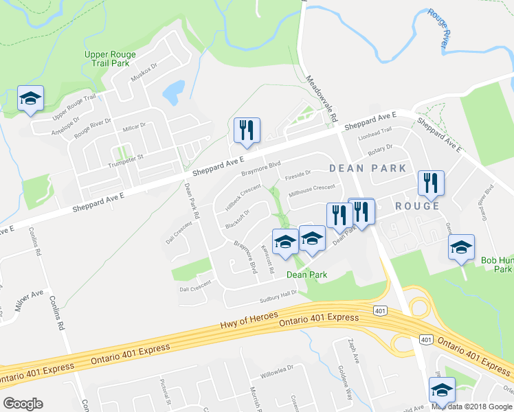 map of restaurants, bars, coffee shops, grocery stores, and more near 46 Blacktoft Drive in Toronto