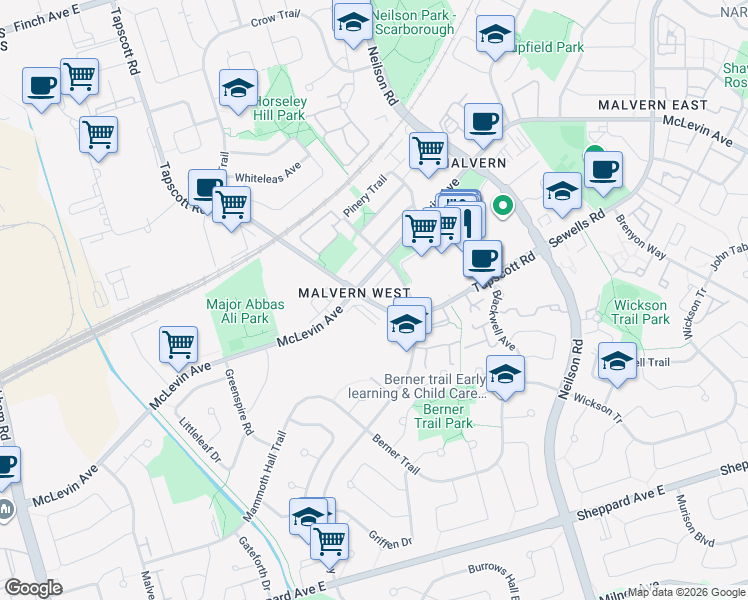 map of restaurants, bars, coffee shops, grocery stores, and more near 165 Tapscott Road in Toronto