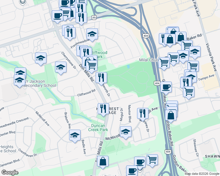 map of restaurants, bars, coffee shops, grocery stores, and more near 80 Shadberry Drive in Toronto