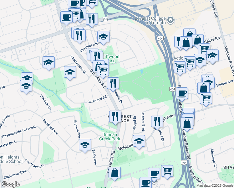 map of restaurants, bars, coffee shops, grocery stores, and more near Harnworth Drive in Toronto