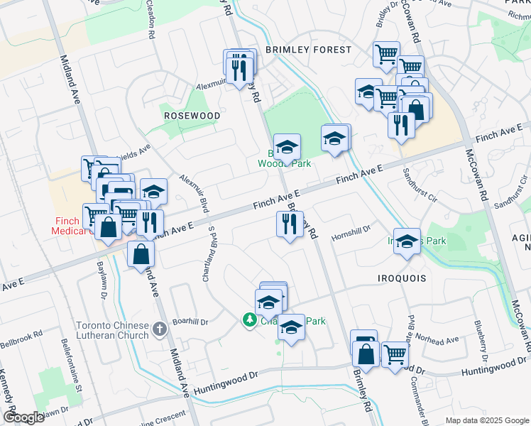 map of restaurants, bars, coffee shops, grocery stores, and more near 36 Pebblehill Square in Toronto