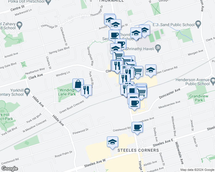 map of restaurants, bars, coffee shops, grocery stores, and more near 56 Joanna Crescent in Vaughan
