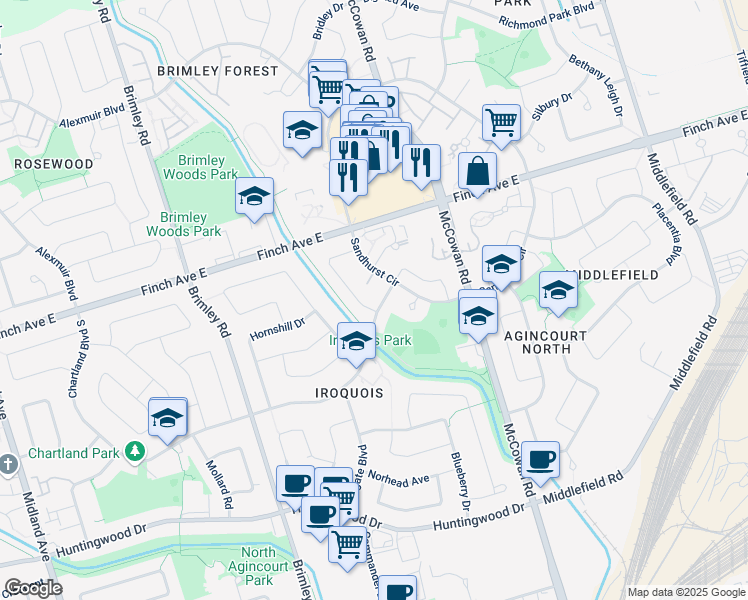 map of restaurants, bars, coffee shops, grocery stores, and more near 319 Chartland Boulevard South in Toronto