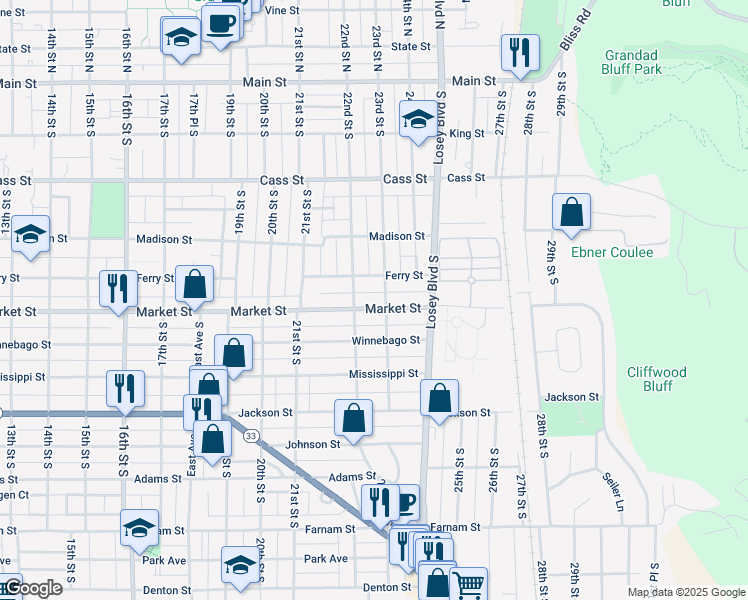 map of restaurants, bars, coffee shops, grocery stores, and more near 2206 Market Street in La Crosse