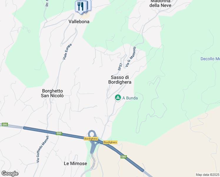 map of restaurants, bars, coffee shops, grocery stores, and more near 125 Via Generale Vincenzo Rossi in Sasso di Bordighera