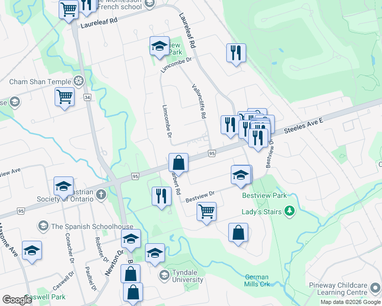 map of restaurants, bars, coffee shops, grocery stores, and more near 338 Steeles Avenue East in Markham