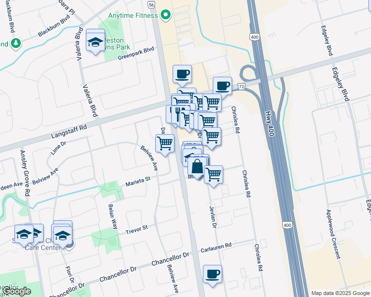 map of restaurants, bars, coffee shops, grocery stores, and more near in Vaughan