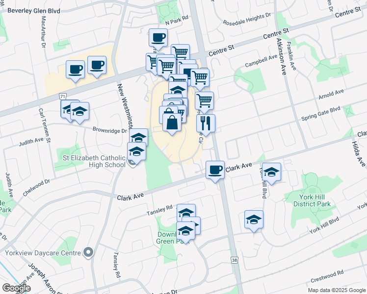 map of restaurants, bars, coffee shops, grocery stores, and more near 30 Upper Mall Way in Vaughan