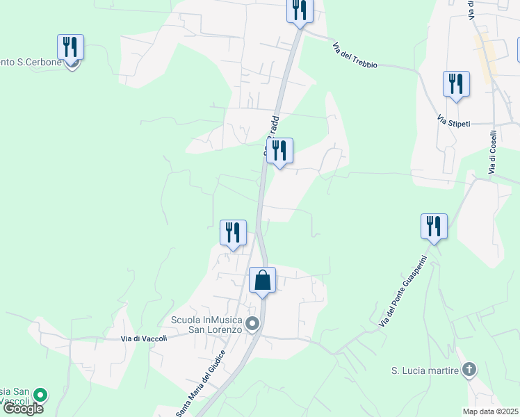 map of restaurants, bars, coffee shops, grocery stores, and more near Strada Statale 12r in Lucca