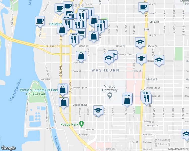 map of restaurants, bars, coffee shops, grocery stores, and more near 614 Market Street in La Crosse