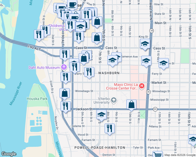 map of restaurants, bars, coffee shops, grocery stores, and more near 620 7th Street South in La Crosse