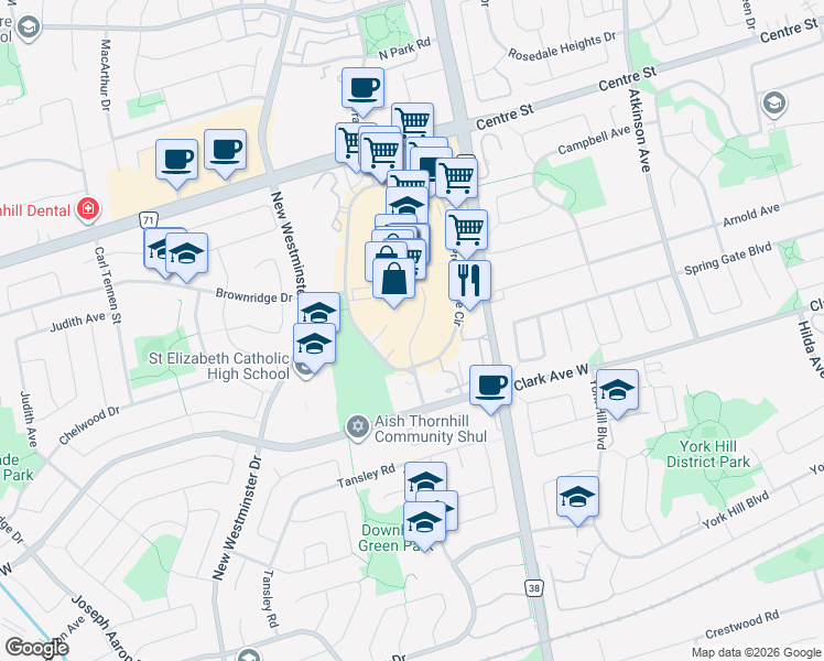 map of restaurants, bars, coffee shops, grocery stores, and more near 30 Upper Mall Way in Vaughan