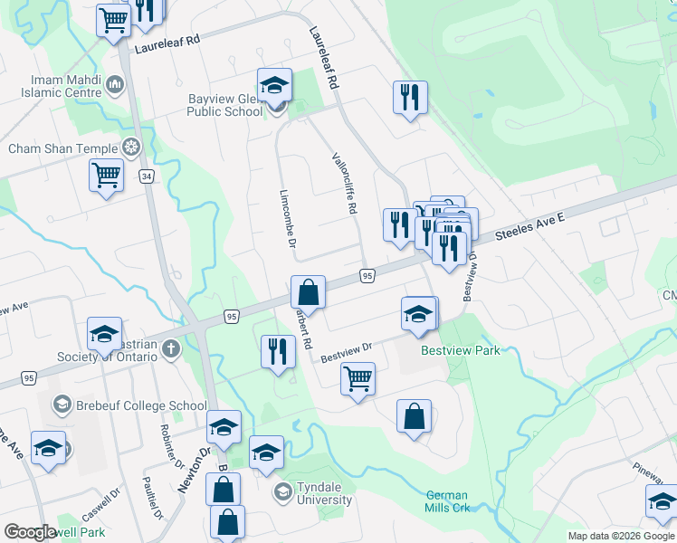 map of restaurants, bars, coffee shops, grocery stores, and more near 344 Steeles Avenue East in Markham