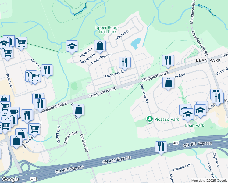 map of restaurants, bars, coffee shops, grocery stores, and more near 8825 Sheppard Avenue East in Toronto