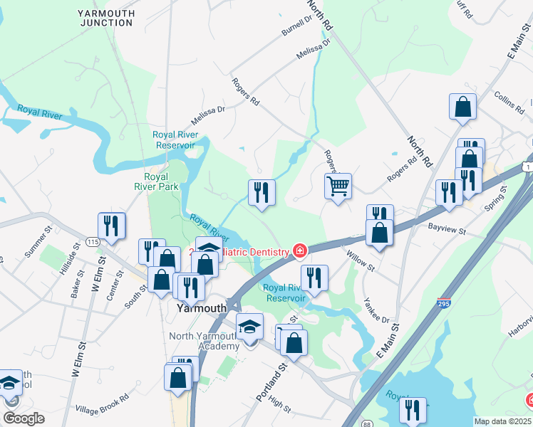 map of restaurants, bars, coffee shops, grocery stores, and more near 37 Forest Ridge Drive in North Yarmouth