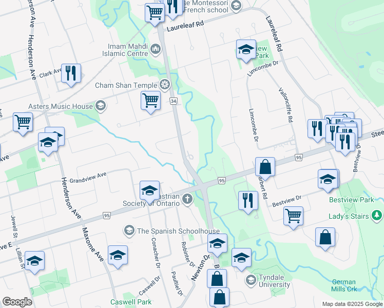 map of restaurants, bars, coffee shops, grocery stores, and more near in Markham