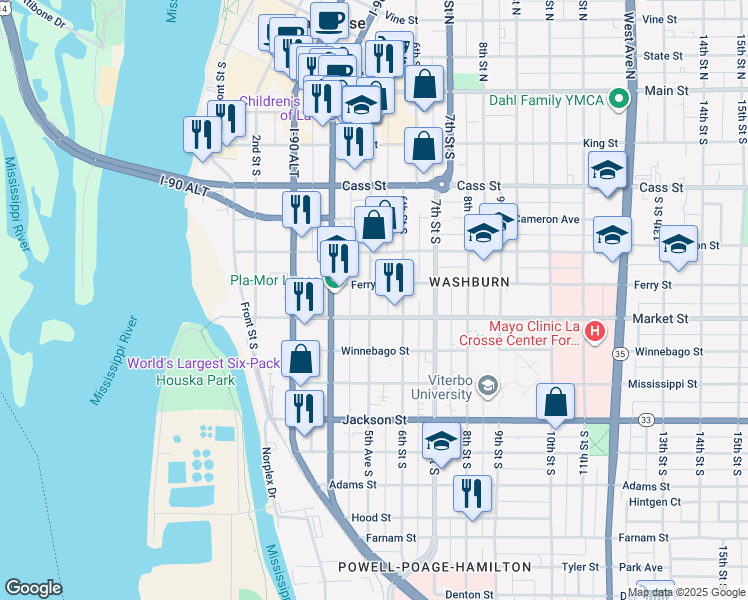 map of restaurants, bars, coffee shops, grocery stores, and more near 510 Market Street in La Crosse