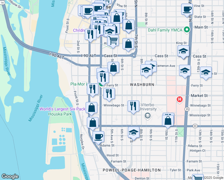 map of restaurants, bars, coffee shops, grocery stores, and more near 510 Market Street in La Crosse