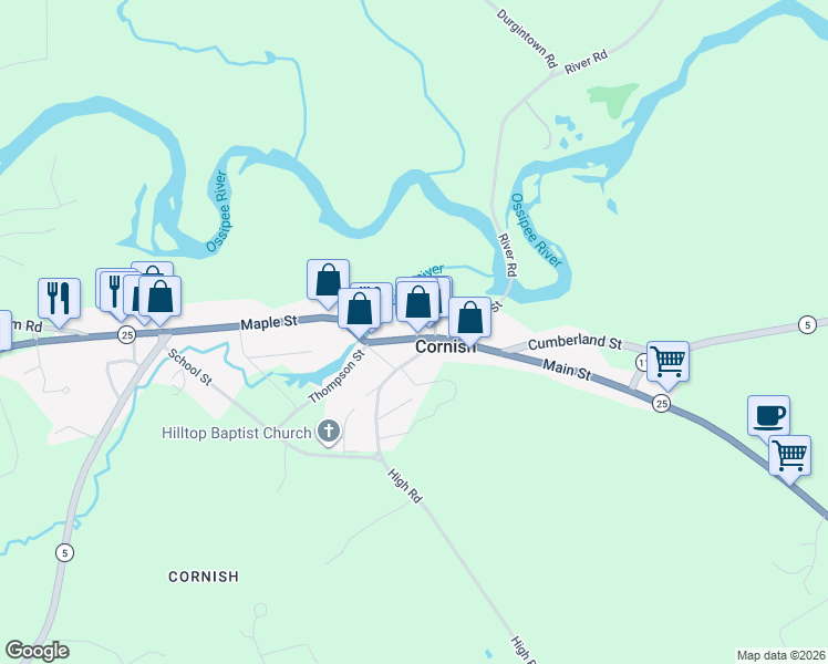 map of restaurants, bars, coffee shops, grocery stores, and more near 5 Fiddle Lane in Cornish