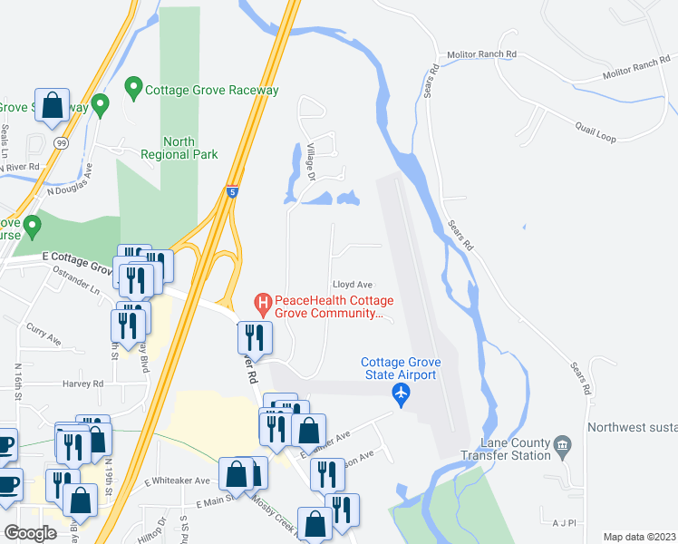 map of restaurants, bars, coffee shops, grocery stores, and more near 78973 Thornton Lane in Cottage Grove