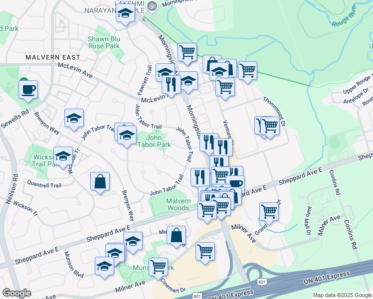 map of restaurants, bars, coffee shops, grocery stores, and more near 192 John Tabor Trail in Toronto