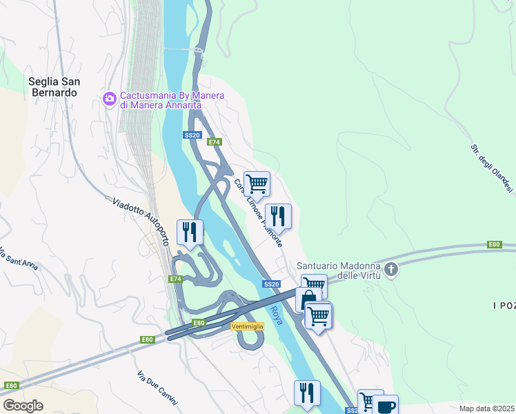map of restaurants, bars, coffee shops, grocery stores, and more near 116 Corso Limone Piemonte in Ventimiglia