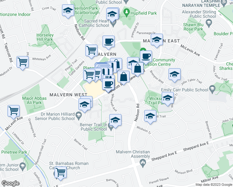 map of restaurants, bars, coffee shops, grocery stores, and more near 10 Tapscott Road in Toronto