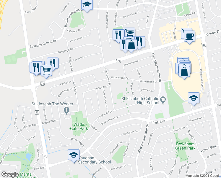 map of restaurants, bars, coffee shops, grocery stores, and more near Carl Tennen Street in Vaughan