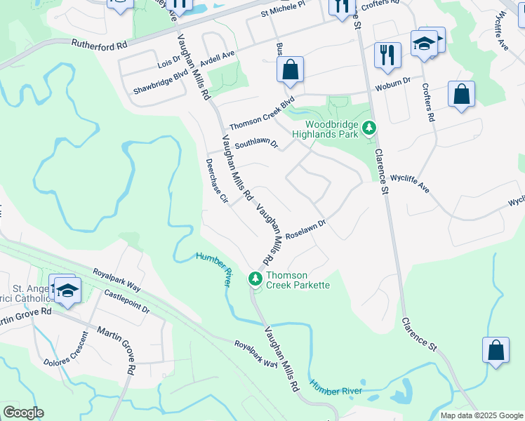 map of restaurants, bars, coffee shops, grocery stores, and more near Vaughan Mills Road in Vaughan